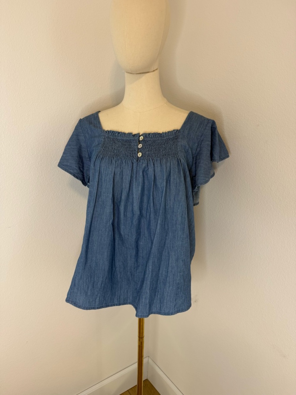 Draper James Blue Denim-Style Smocked Square Neck Blouse 100% Cotton- Size Large